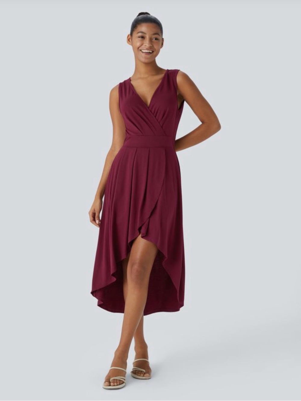 HALARA Sleeveless Asymmetrical Faux Wrap Dress in Burgundy Red